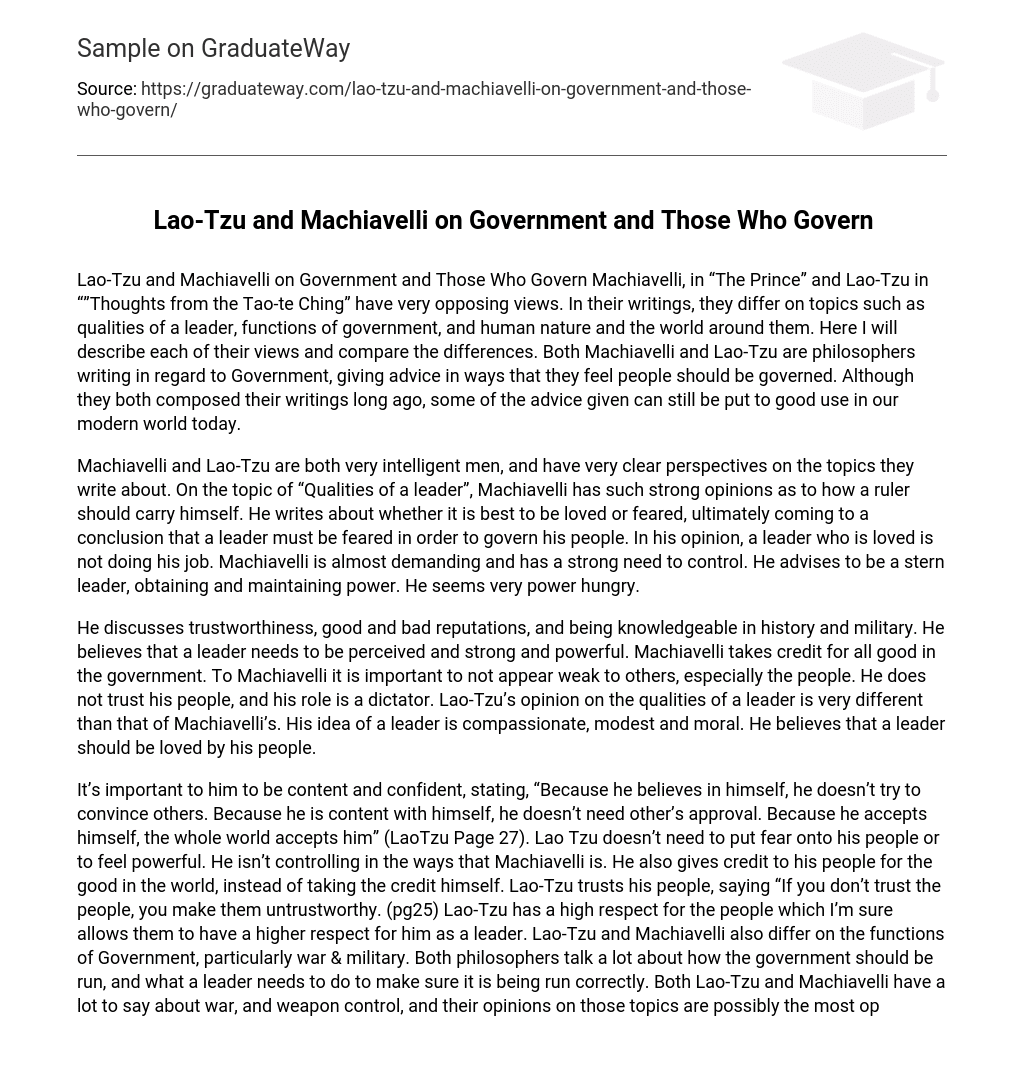 Lao-Tzu and Machiavelli on Government and Those Who Govern
