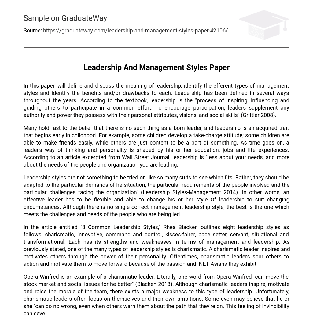 Leadership And Management Styles Paper