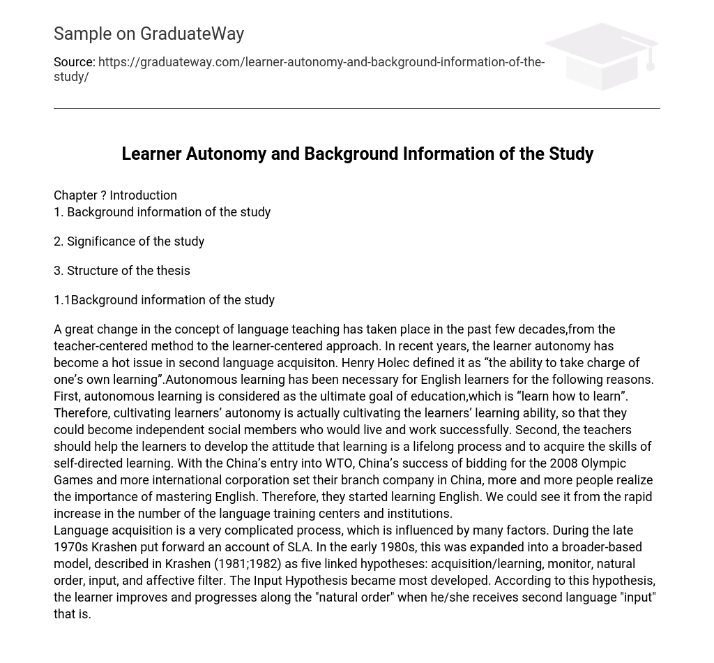 Learner Autonomy and Background Information of the Study