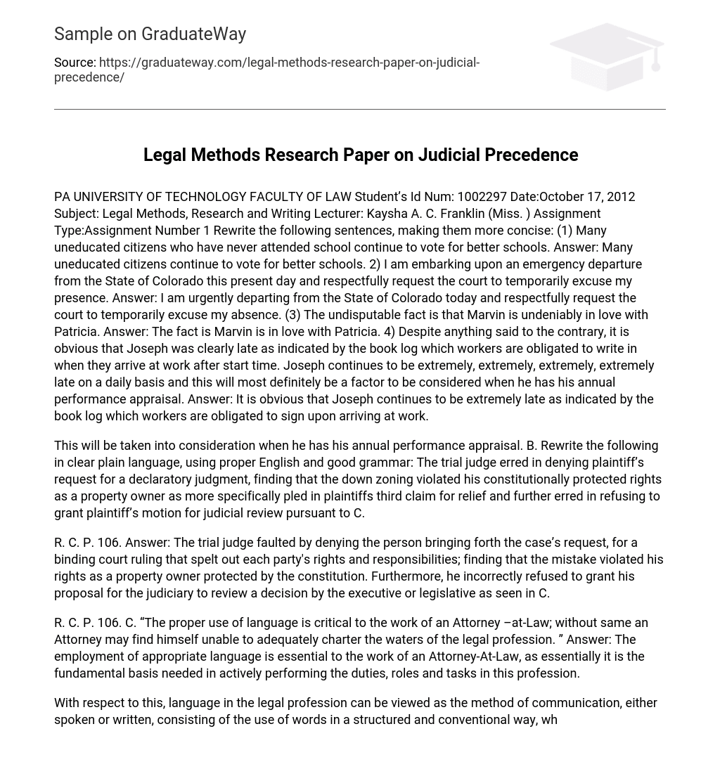 Legal Methods Research Paper on Judicial Precedence