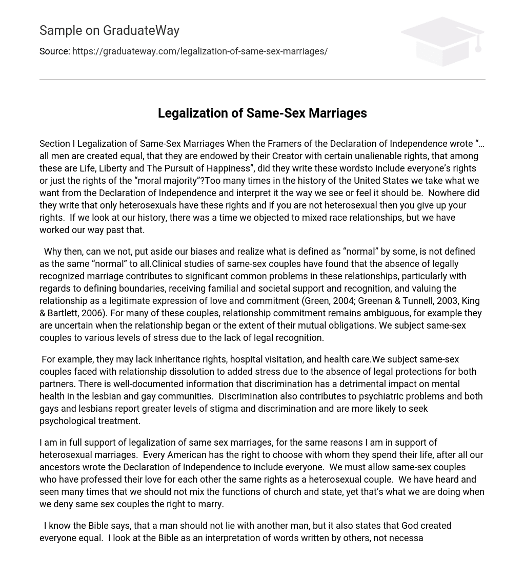 ⇉legalization Of Same Sex Marriages Essay Example Graduateway