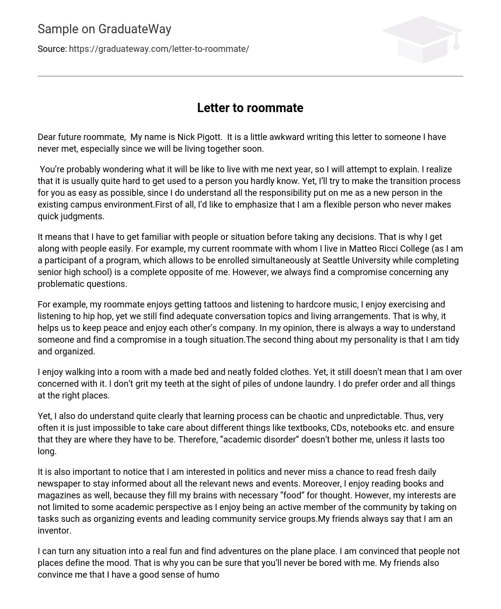 Letter To Roommate 992 Words Free Essay Example On GraduateWay
