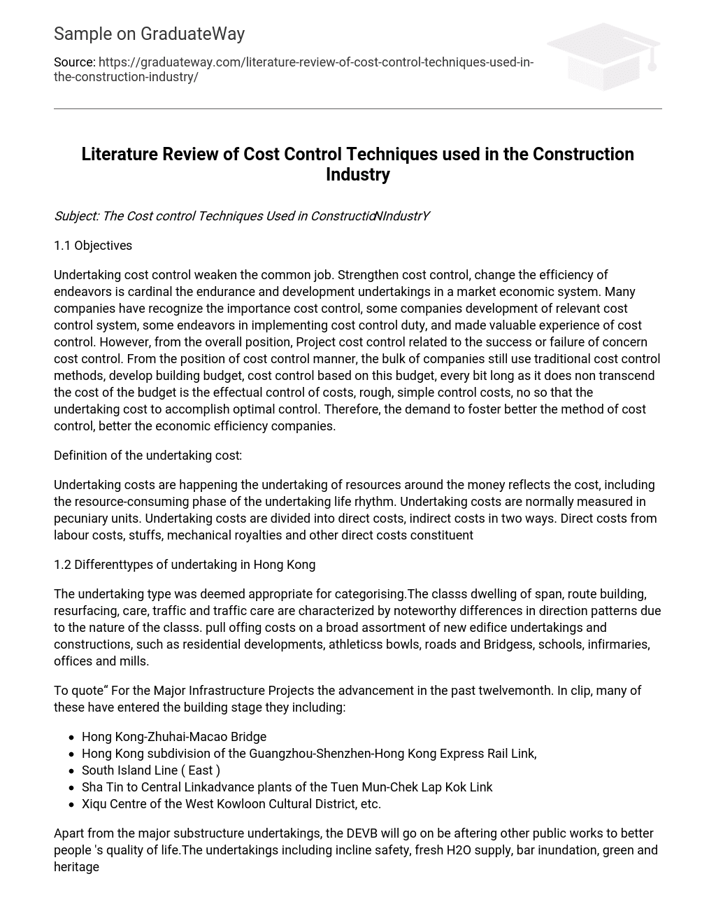 Literature Review of Cost Control Techniques used in the Construction Industry