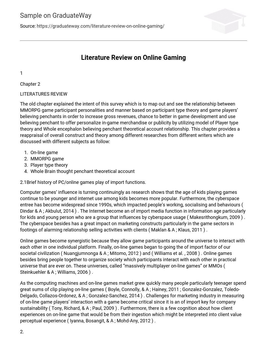Literature Review on Online Gaming