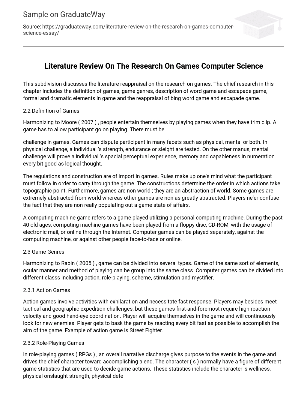 Literature Review On The Research On Games Computer Science