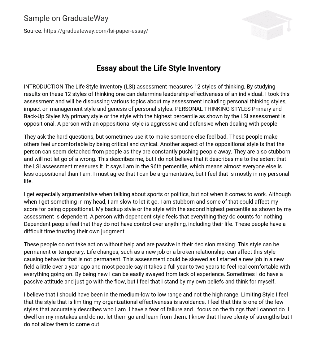 Essay about the Life Style Inventory