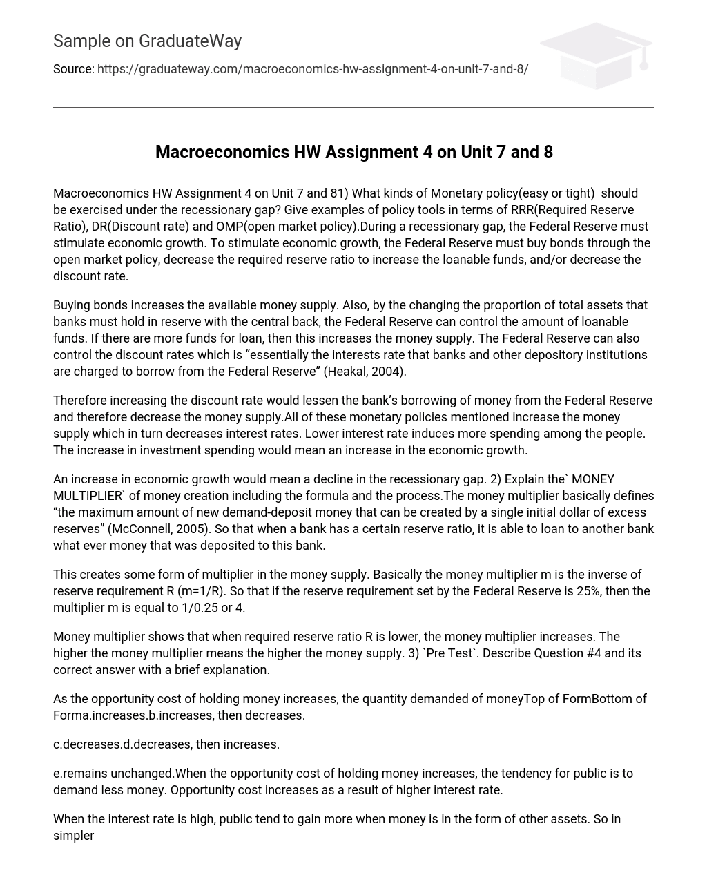 Macroeconomics HW Assignment 4 on Unit 7 and 8