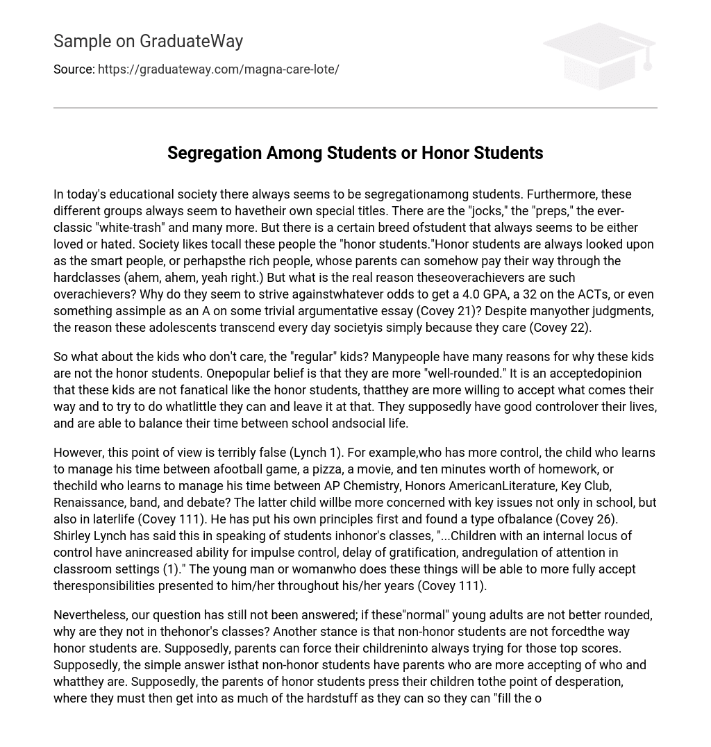 Segregation Among Students or Honor Students