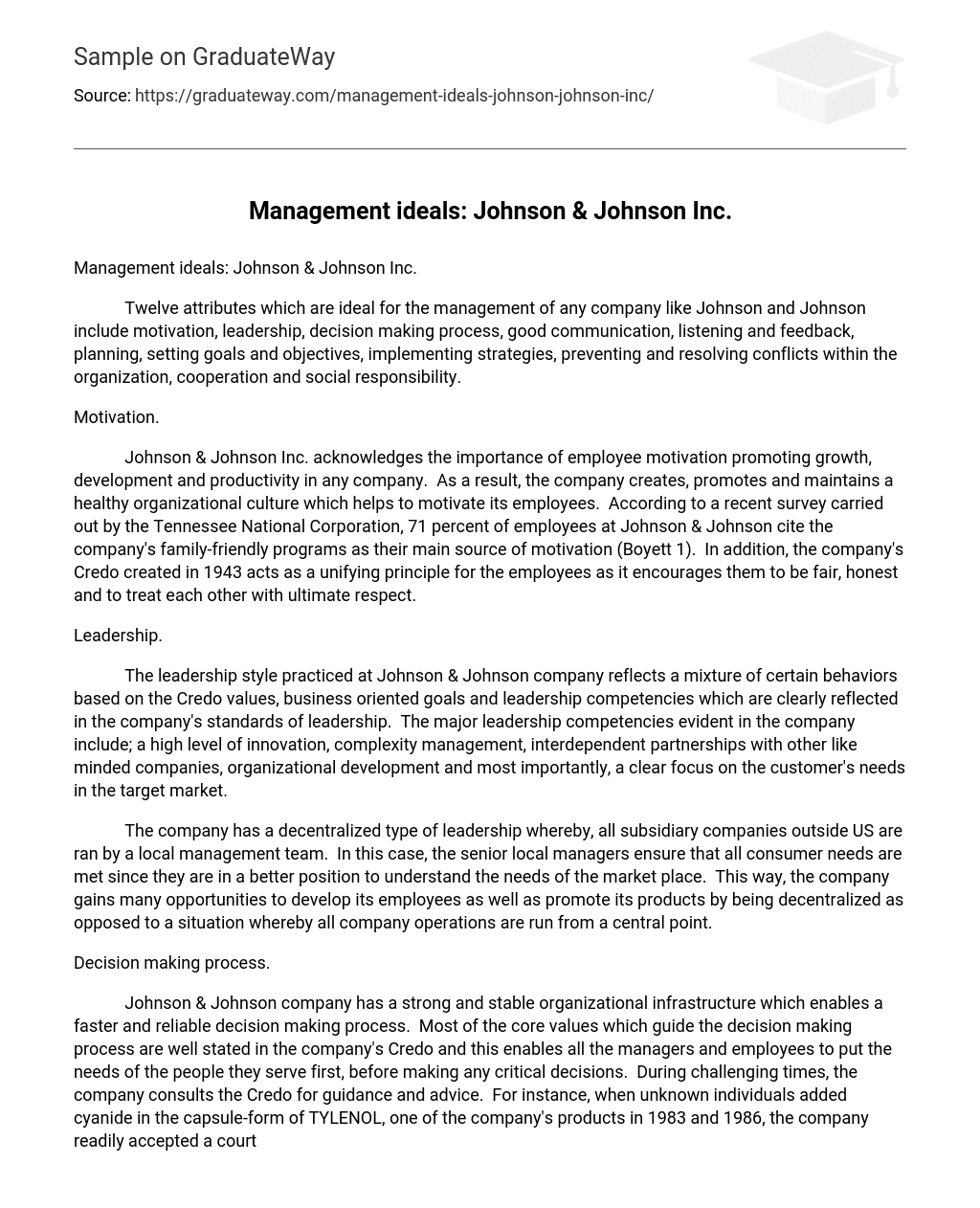 Management ideals: Johnson & Johnson Inc.