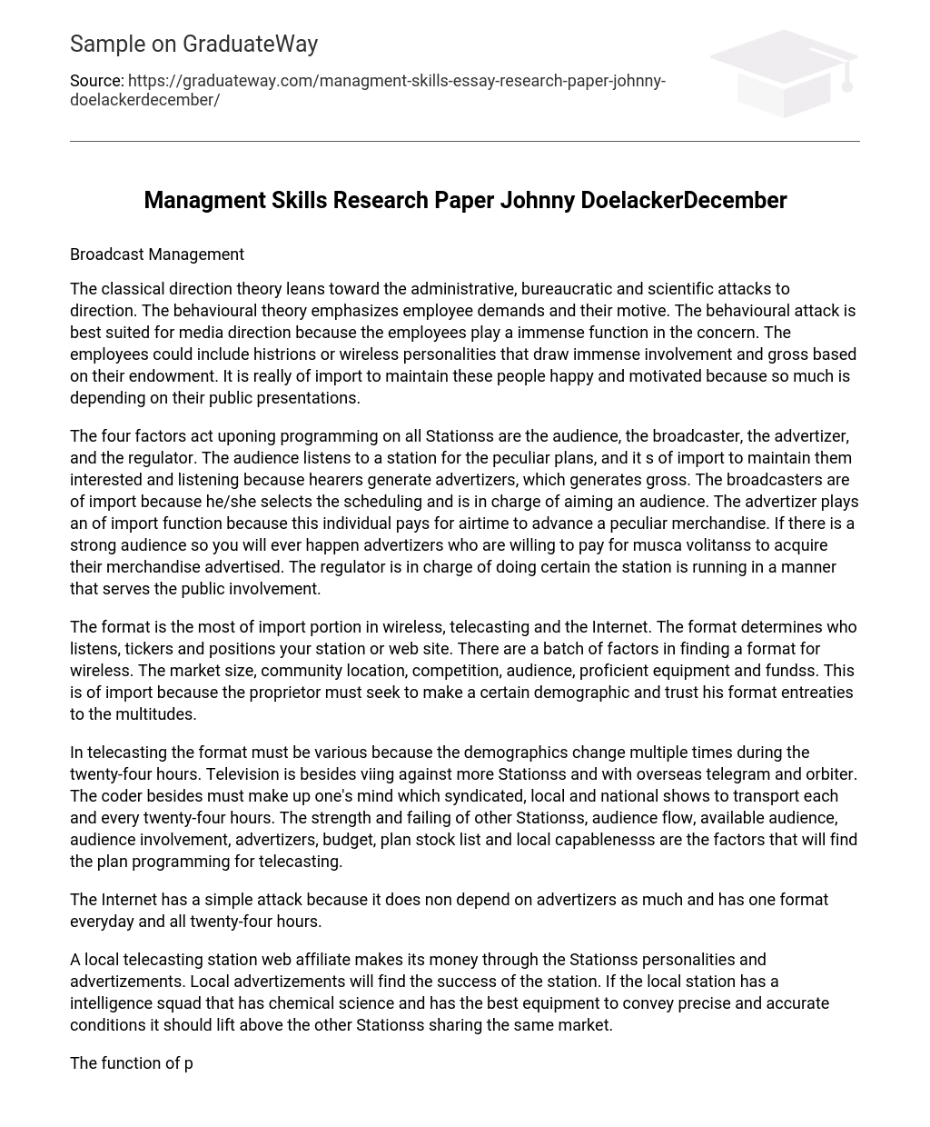 Managment Skills Research Paper Johnny DoelackerDecember