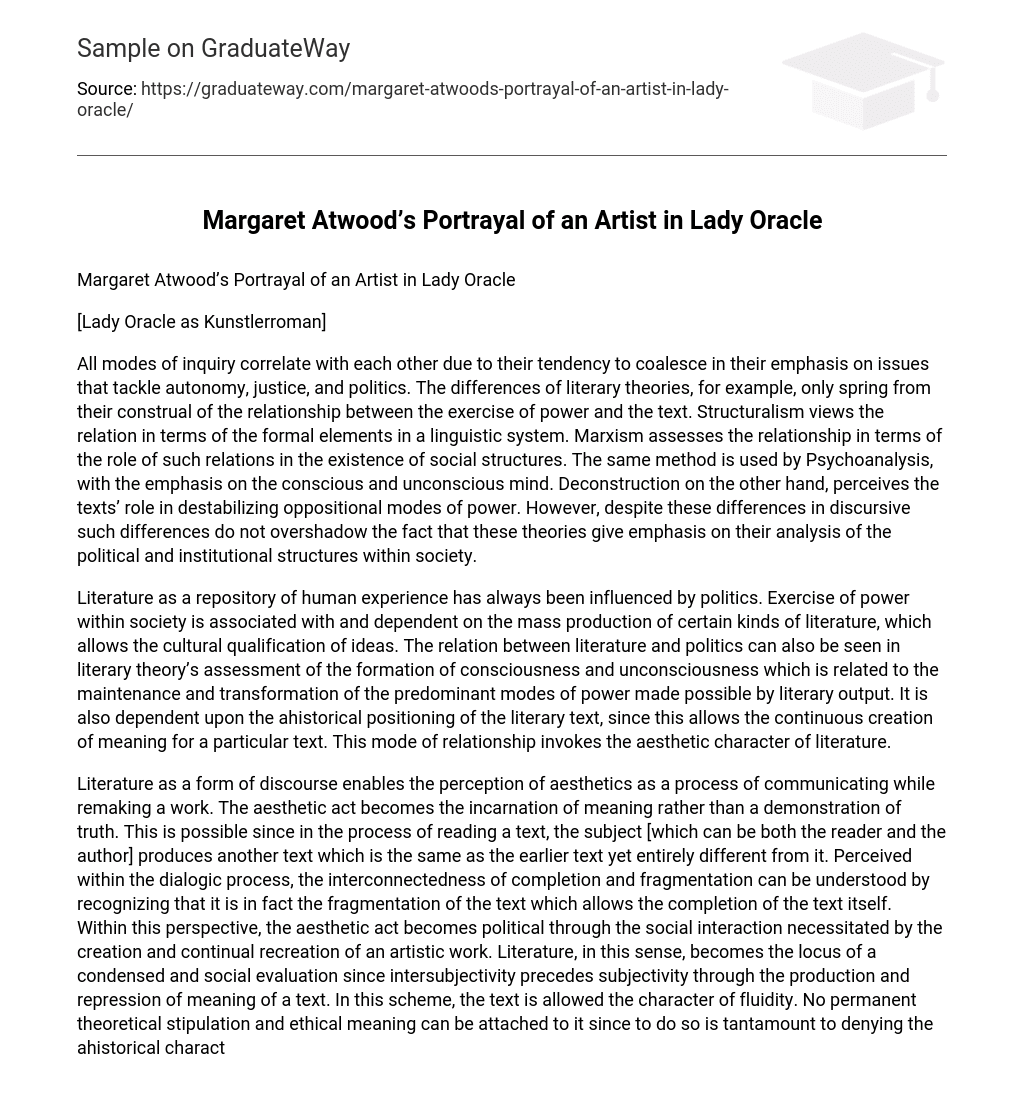 Margaret Atwood’s Portrayal of an Artist in Lady Oracle Analysis