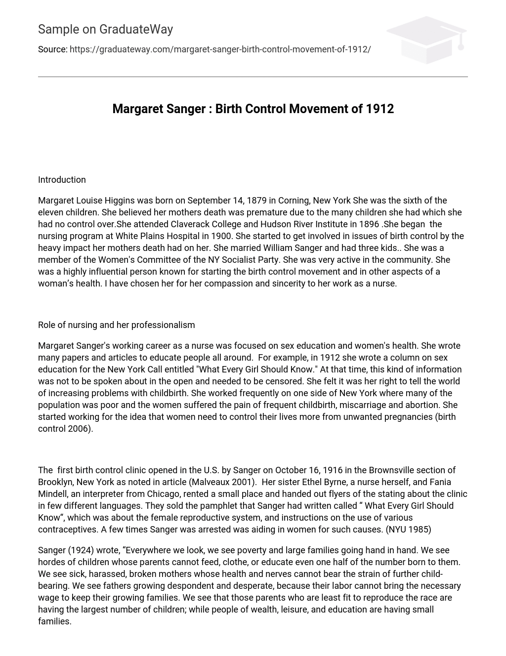 Margaret Sanger : Birth Control Movement of 1912