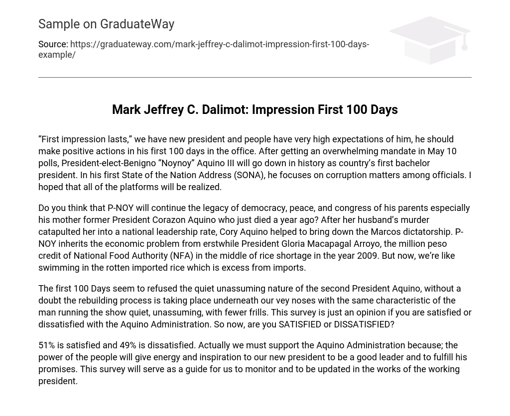 Mark Jeffrey C. Dalimot: Impression First 100 Days