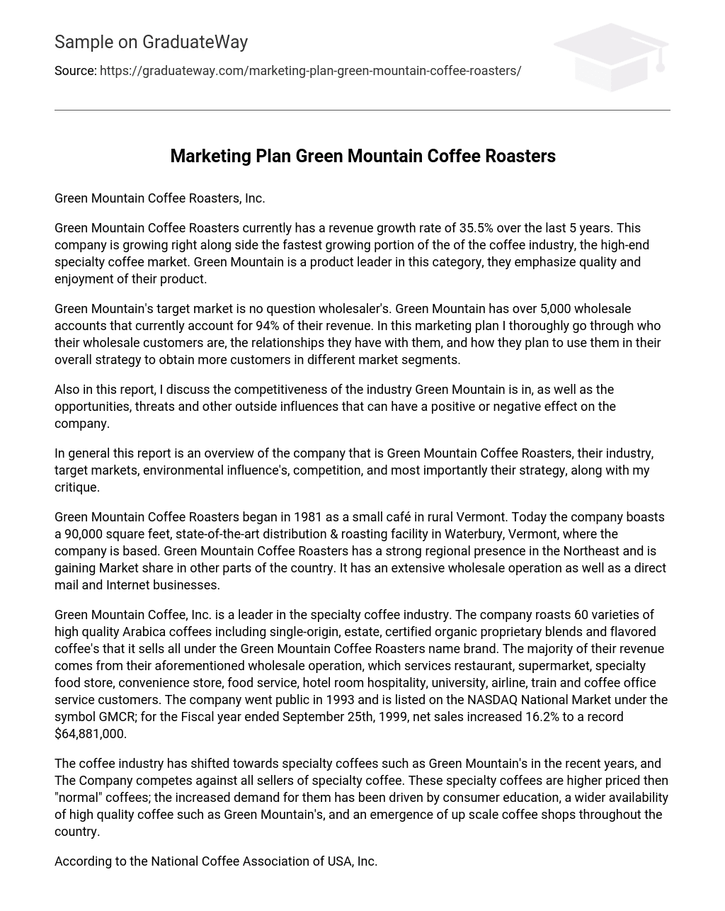 Marketing Plan Green Mountain Coffee Roasters