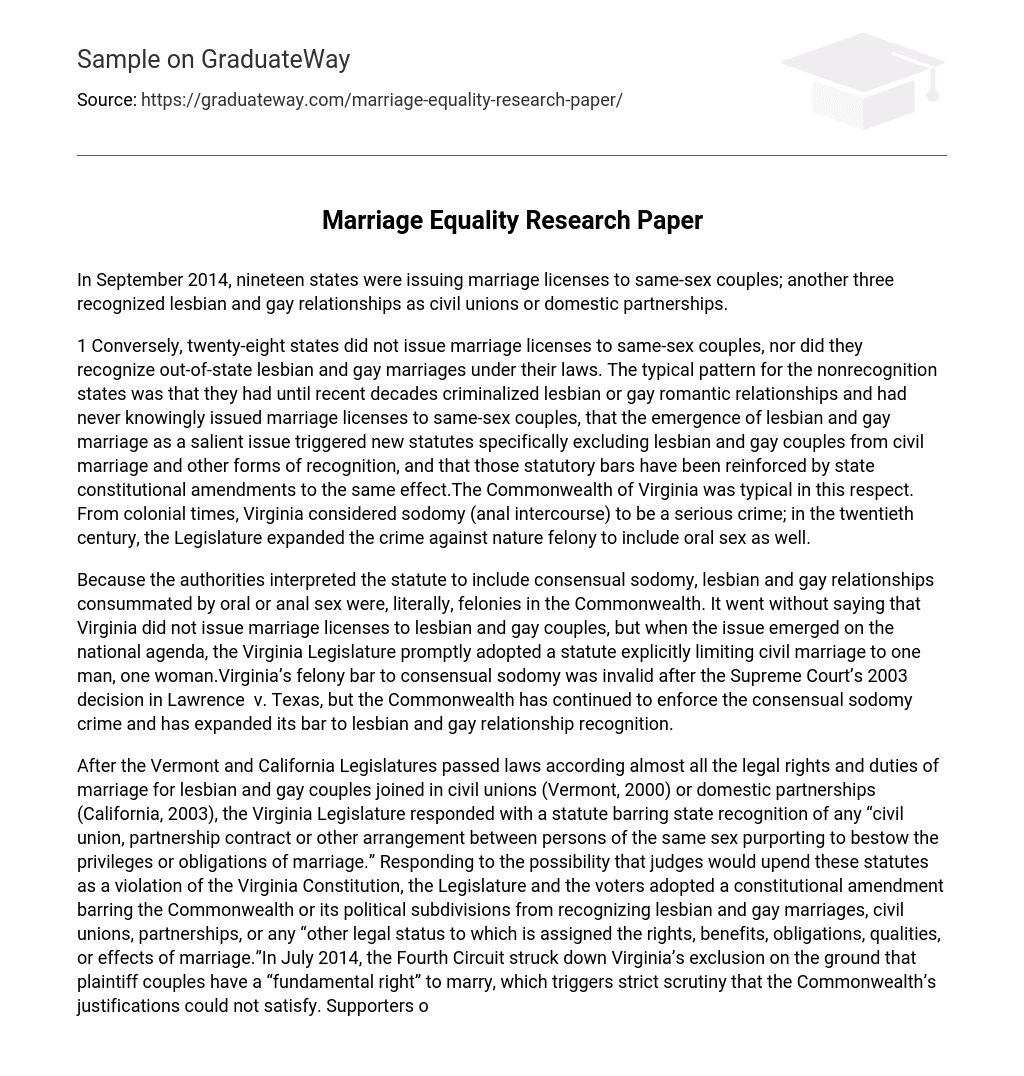 Marriage Equality Research Paper
