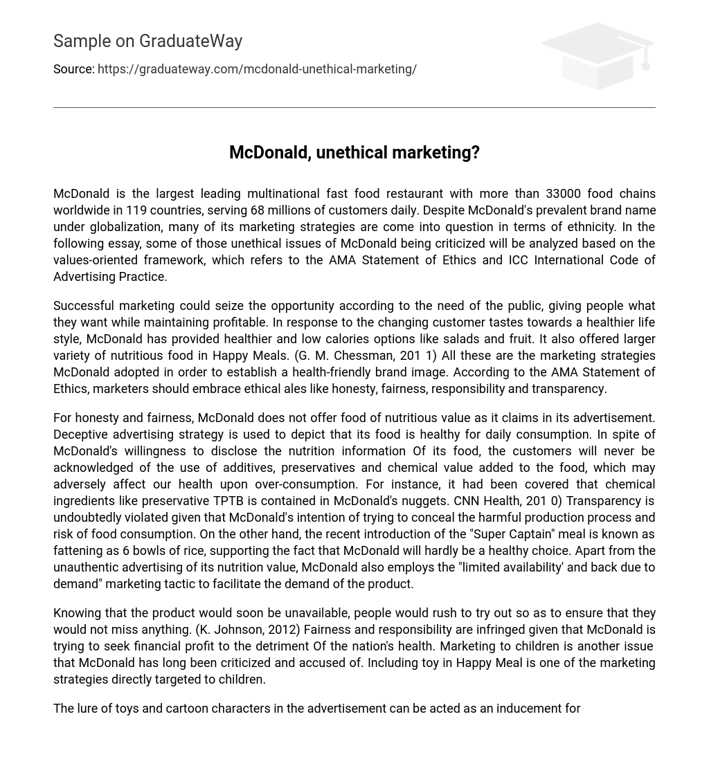 Mcdonald Unethical Marketing Essay Example Graduateway 