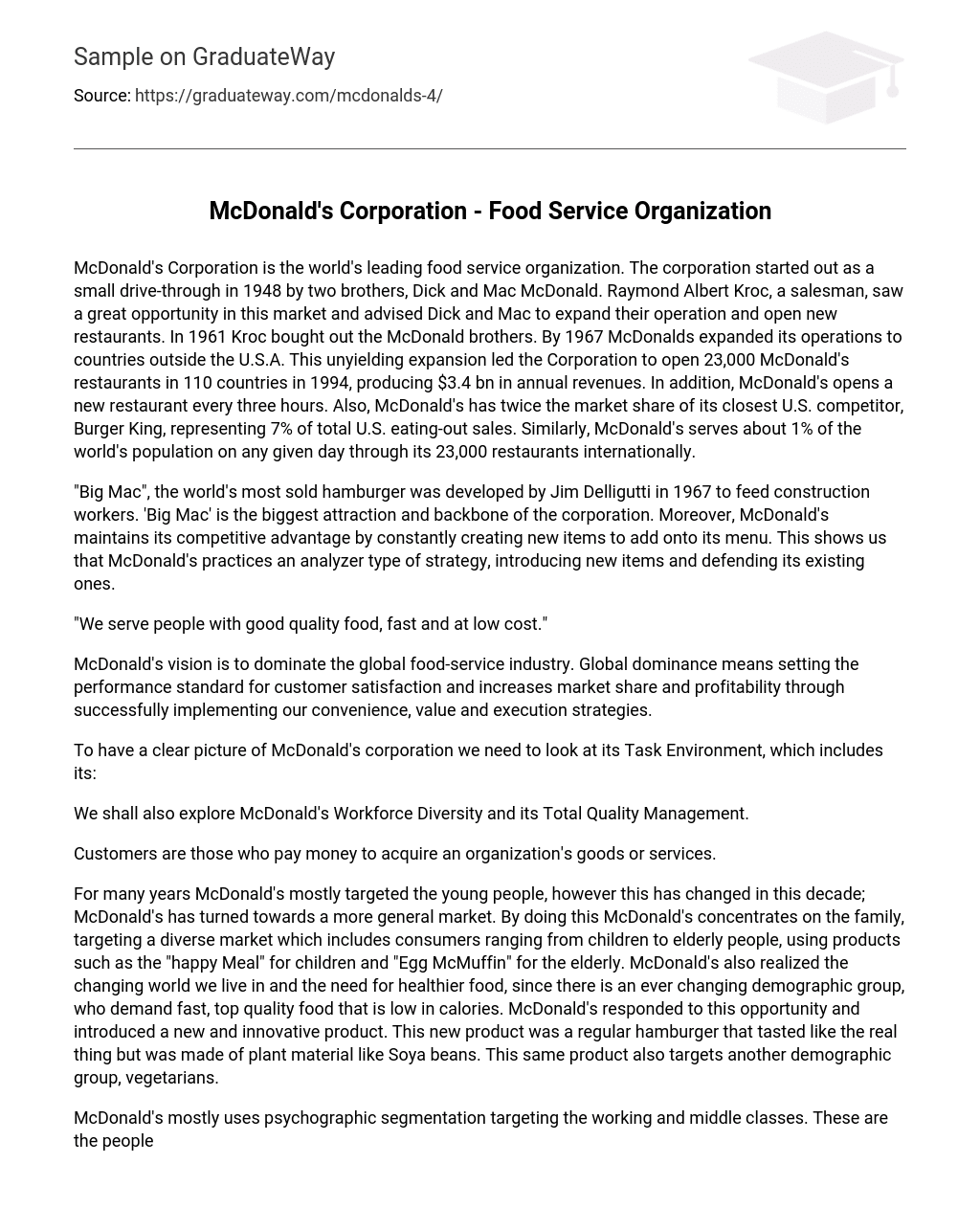 McDonald’s Corporation – Food Service Organization