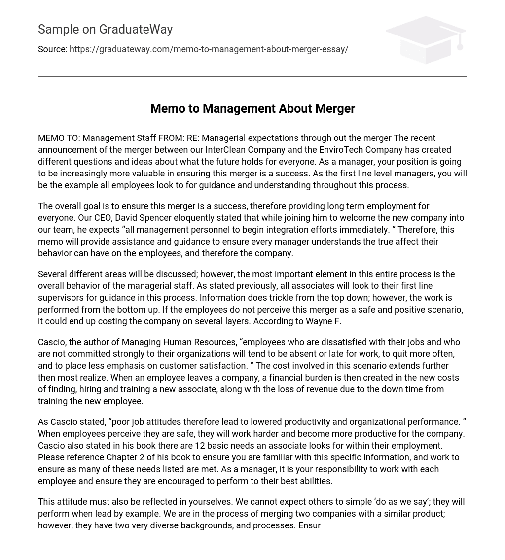 Memo to Management About Merger