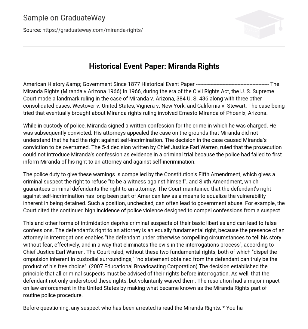 Historical Event Paper: Miranda Rights