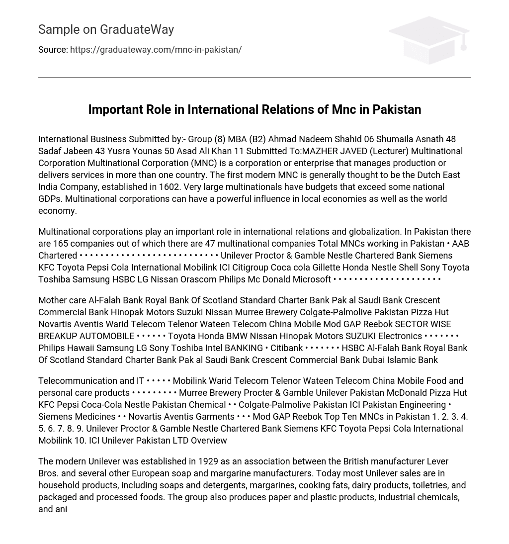 Important Role in International Relations of Mnc in Pakistan