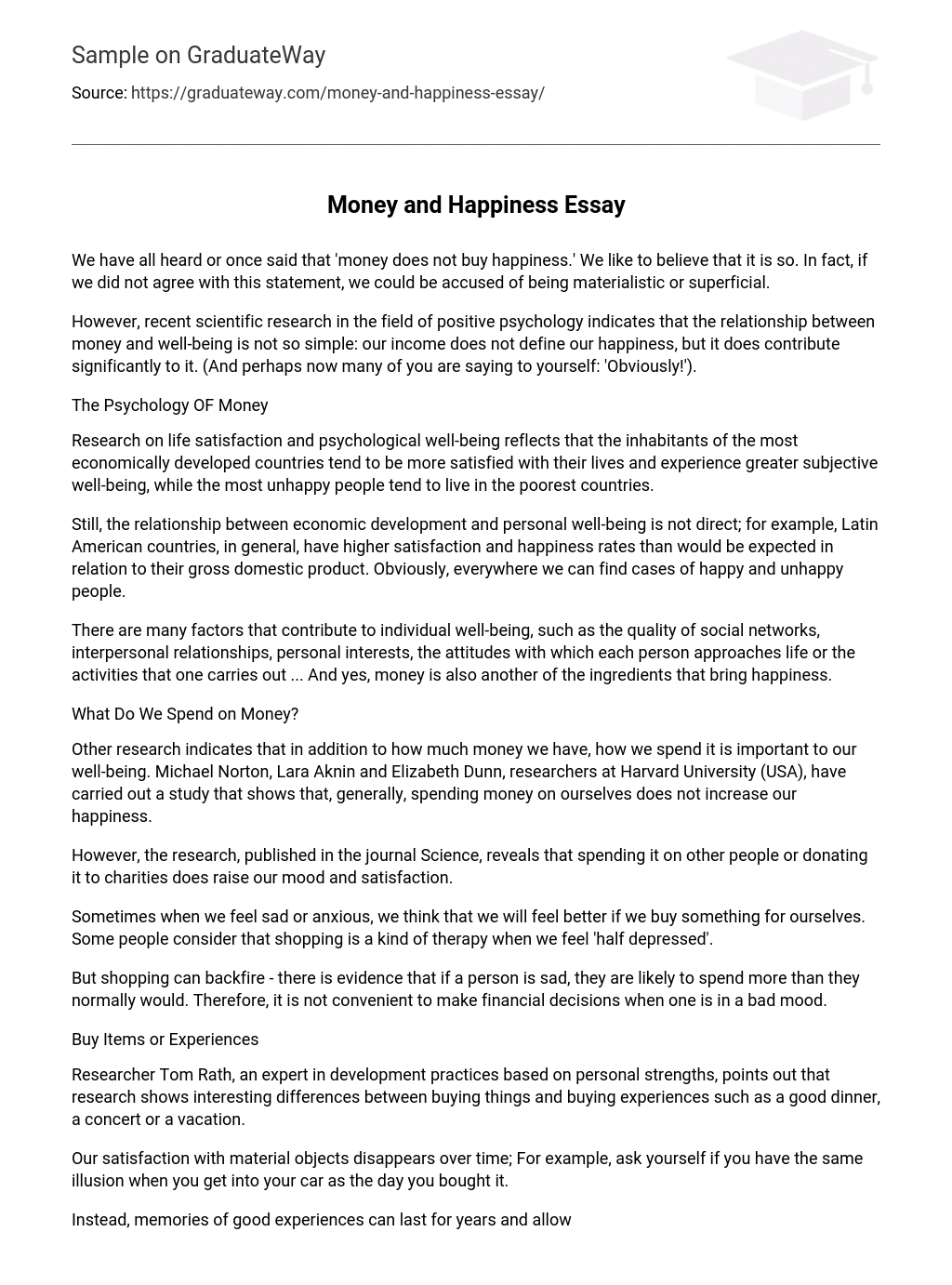 Money and Happiness Essay