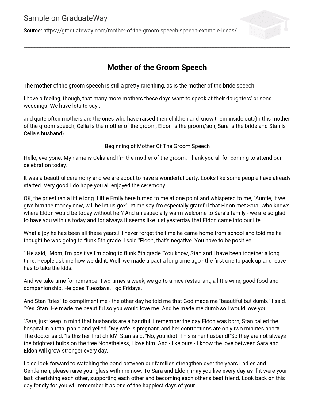 Groom’s Mother’s Speech Writing Assignment