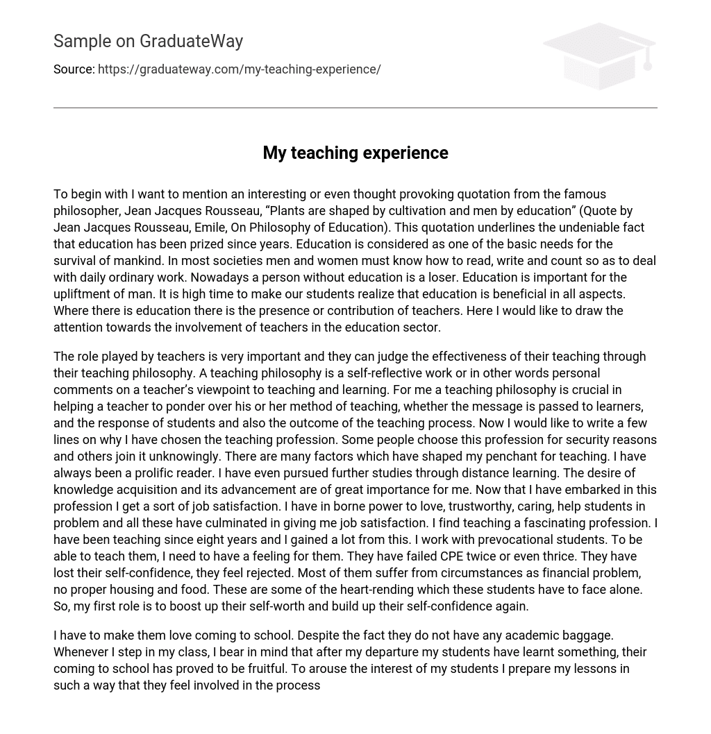 essay on work experience as a teacher