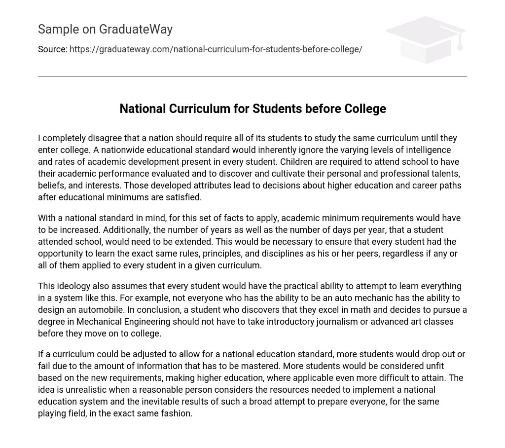 National Curriculum for Students before College