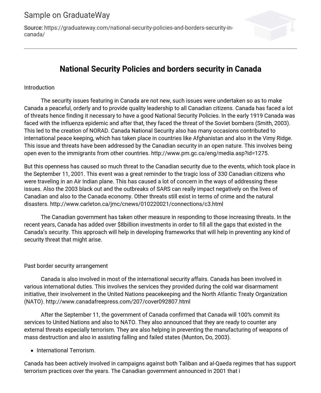 National Security Policies and borders security in Canada