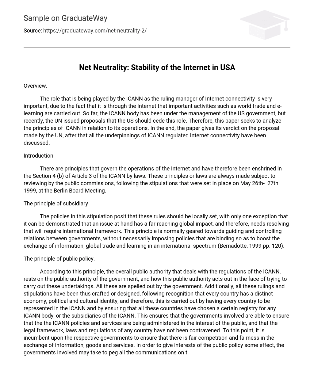 Net Neutrality: Stability of the Internet in USA