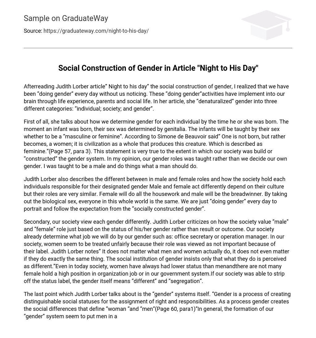 Social Construction of Gender in Article “Night to His Day” Short Summary