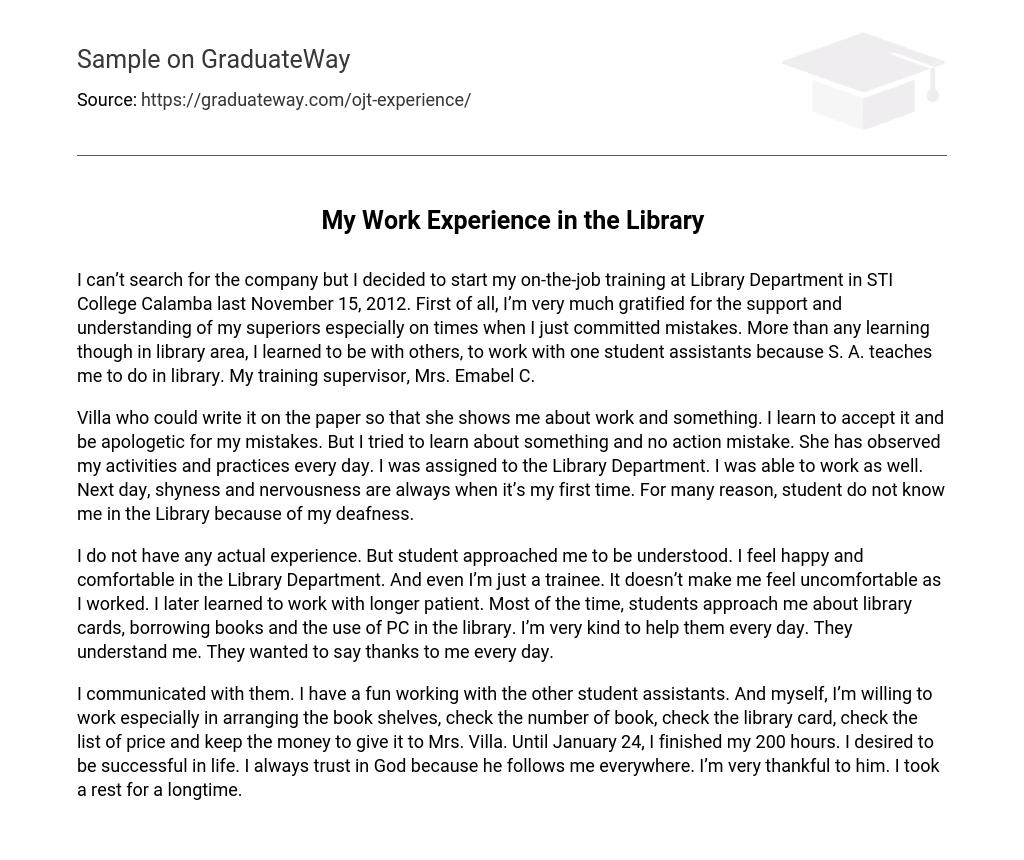  My Work Experience In The Library Narrative Report Essay Example 