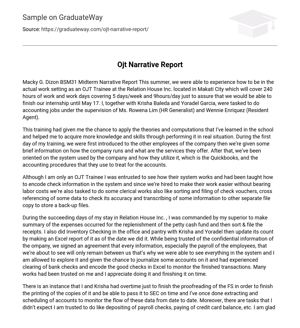 Ojt Narrative Report 791 Words Free Essay Example On GraduateWay