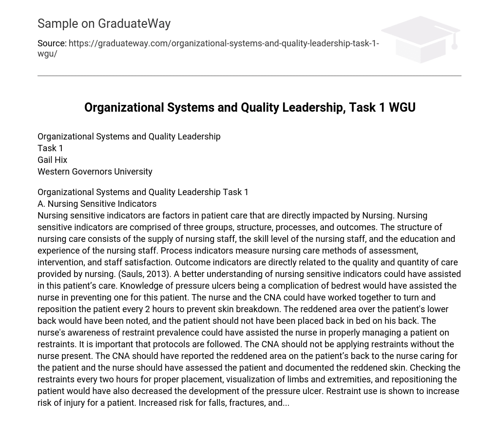 Organizational Systems and Quality Leadership, Task 1 WGU