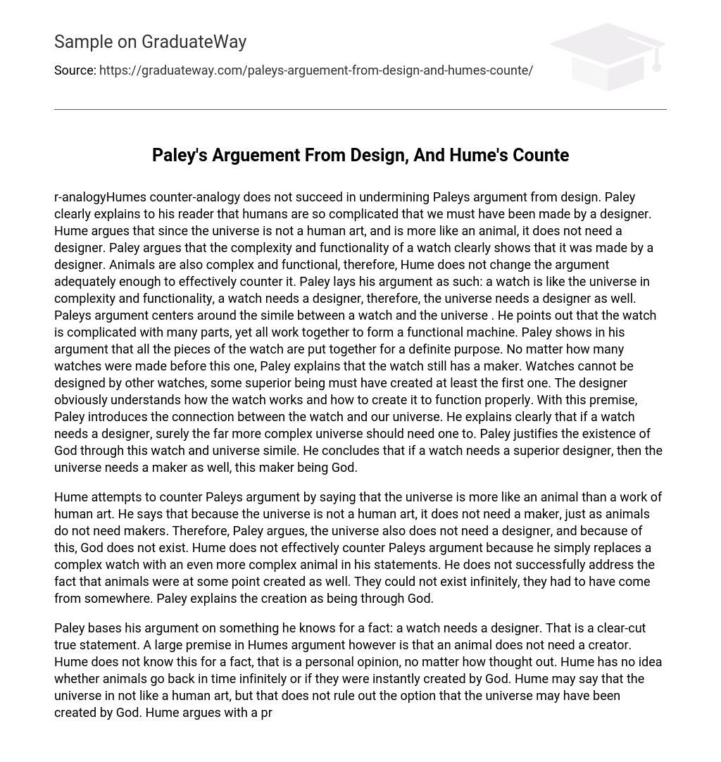 Paley’s Arguement From Design, And Hume’s Counte
