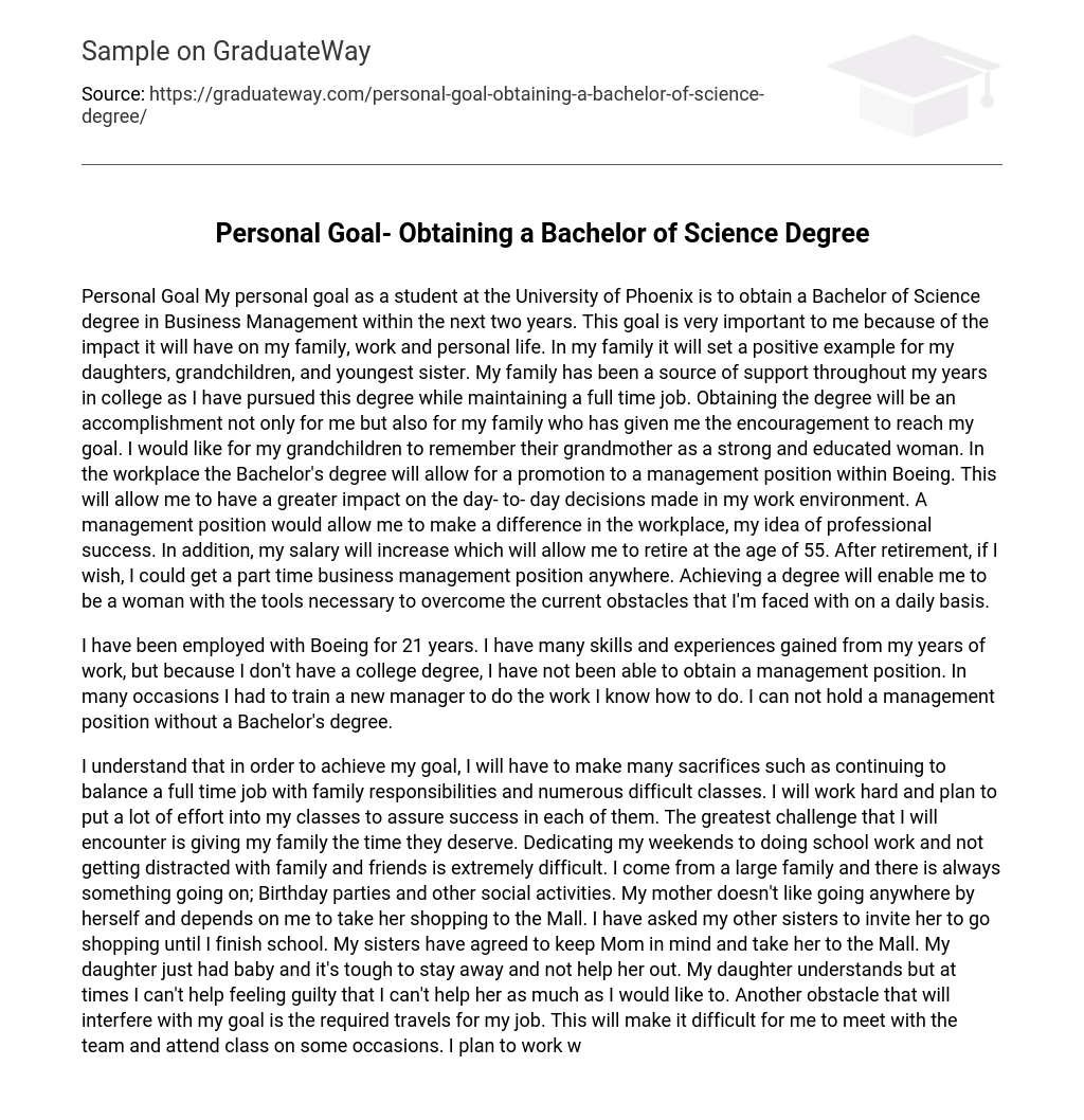 Personal Goal- Obtaining a Bachelor of Science Degree
