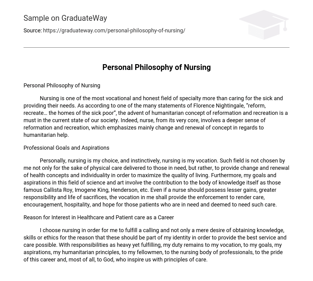 Personal Philosophy of Nursing
