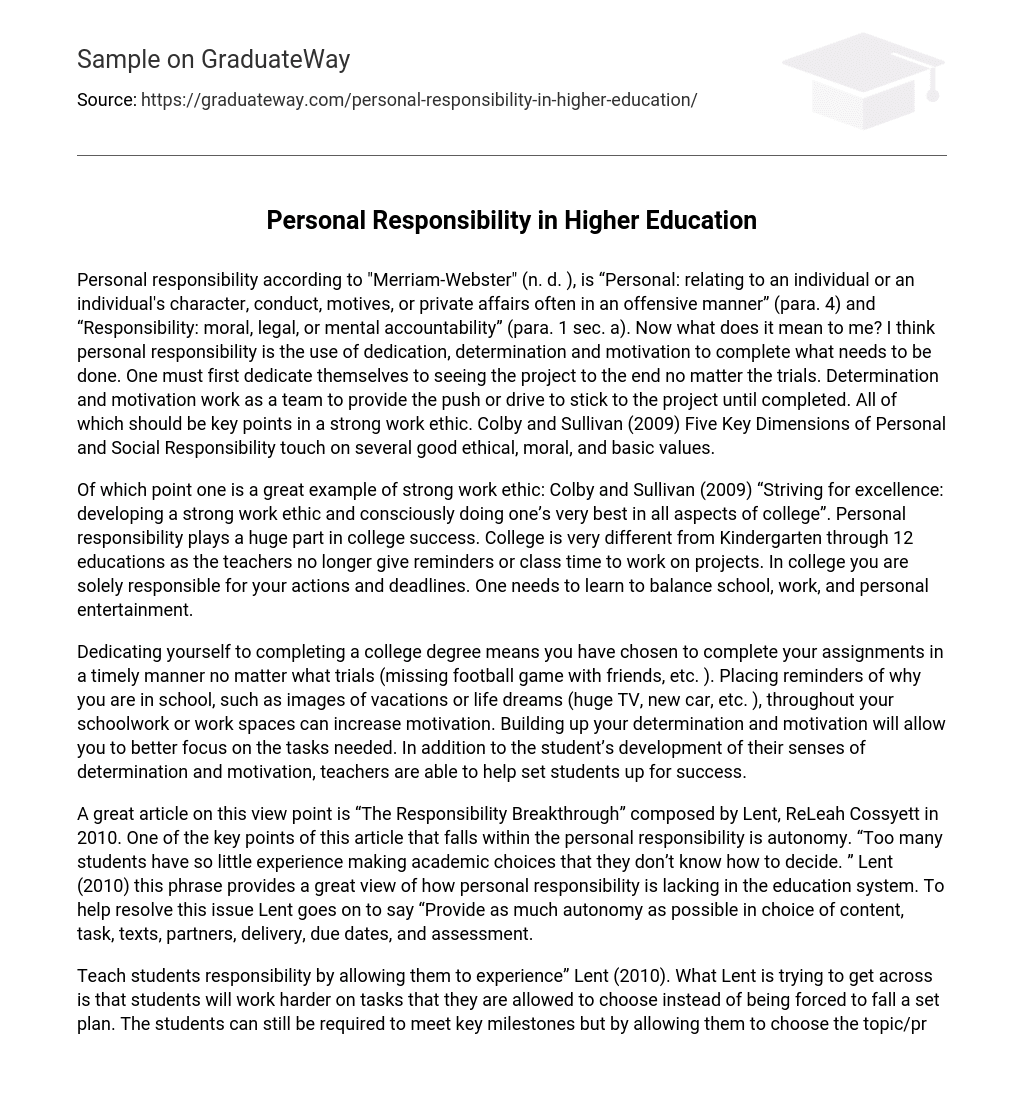 Personal Responsibility in Higher Education