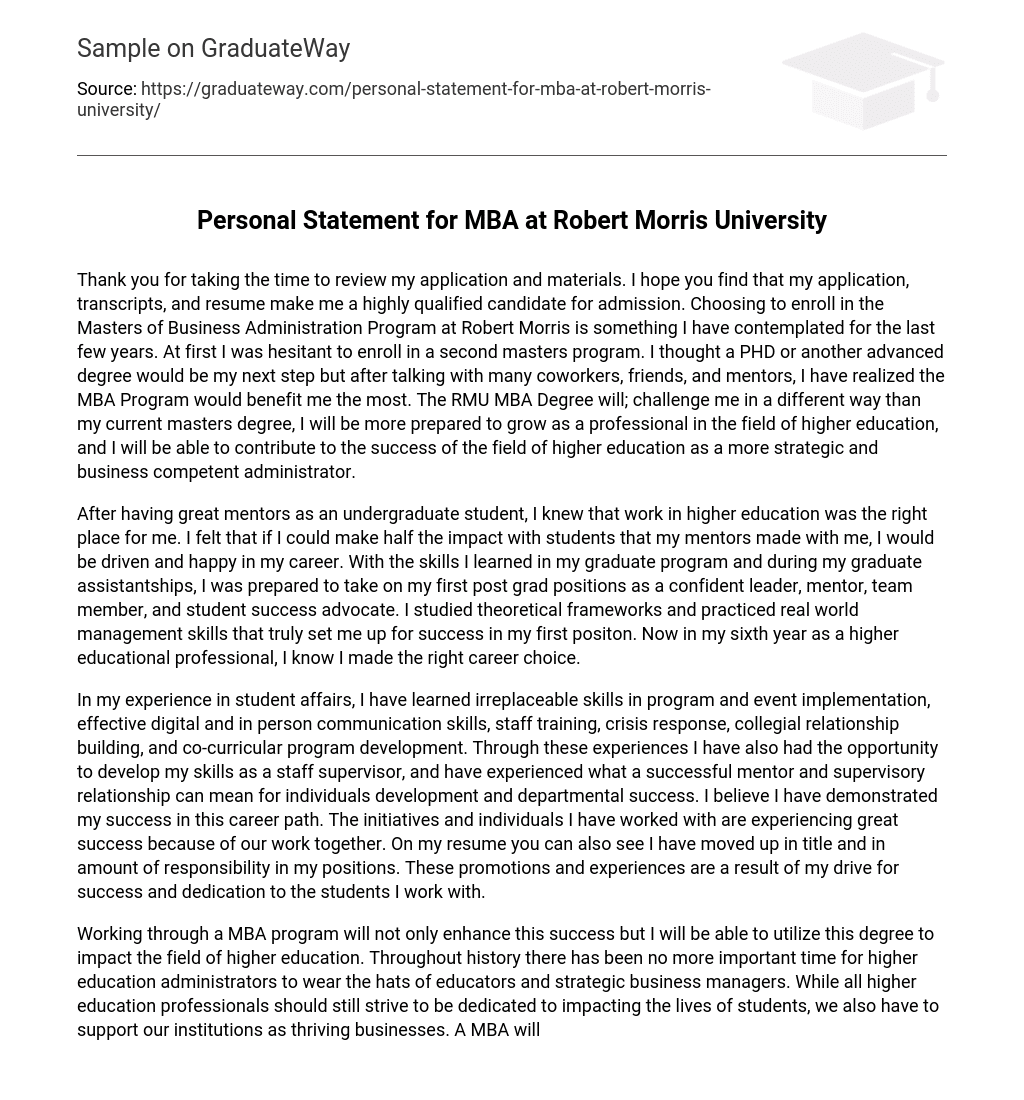 Personal Statement for MBA at Robert Morris University