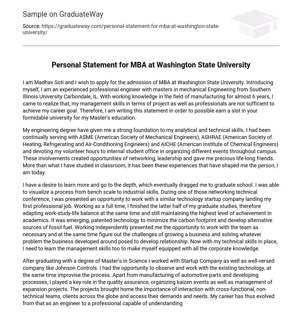 Personal Statement for MBA at Washington State University