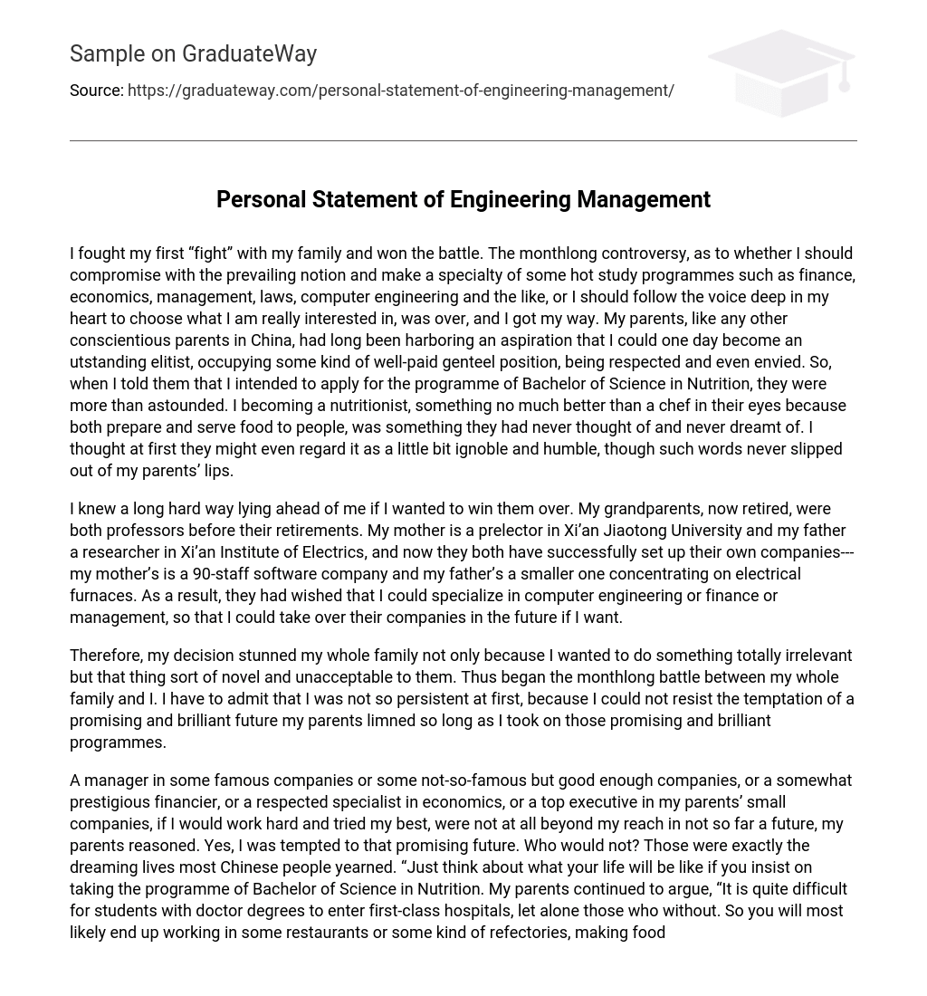 Personal Statement of Engineering Management