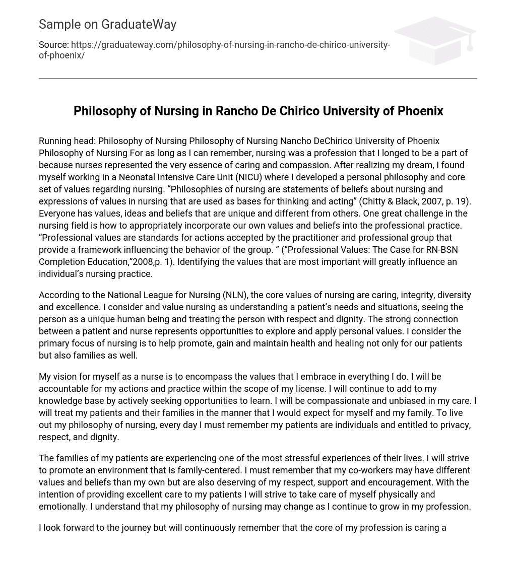 Philosophy of Nursing in Rancho De Chirico University of Phoenix