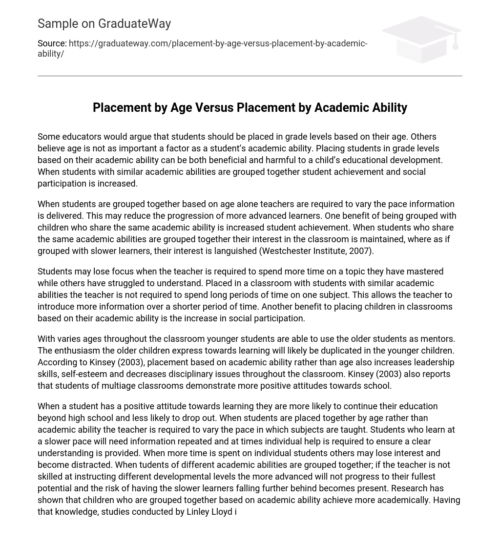 Placement by Age Versus Placement by Academic Ability Comparison