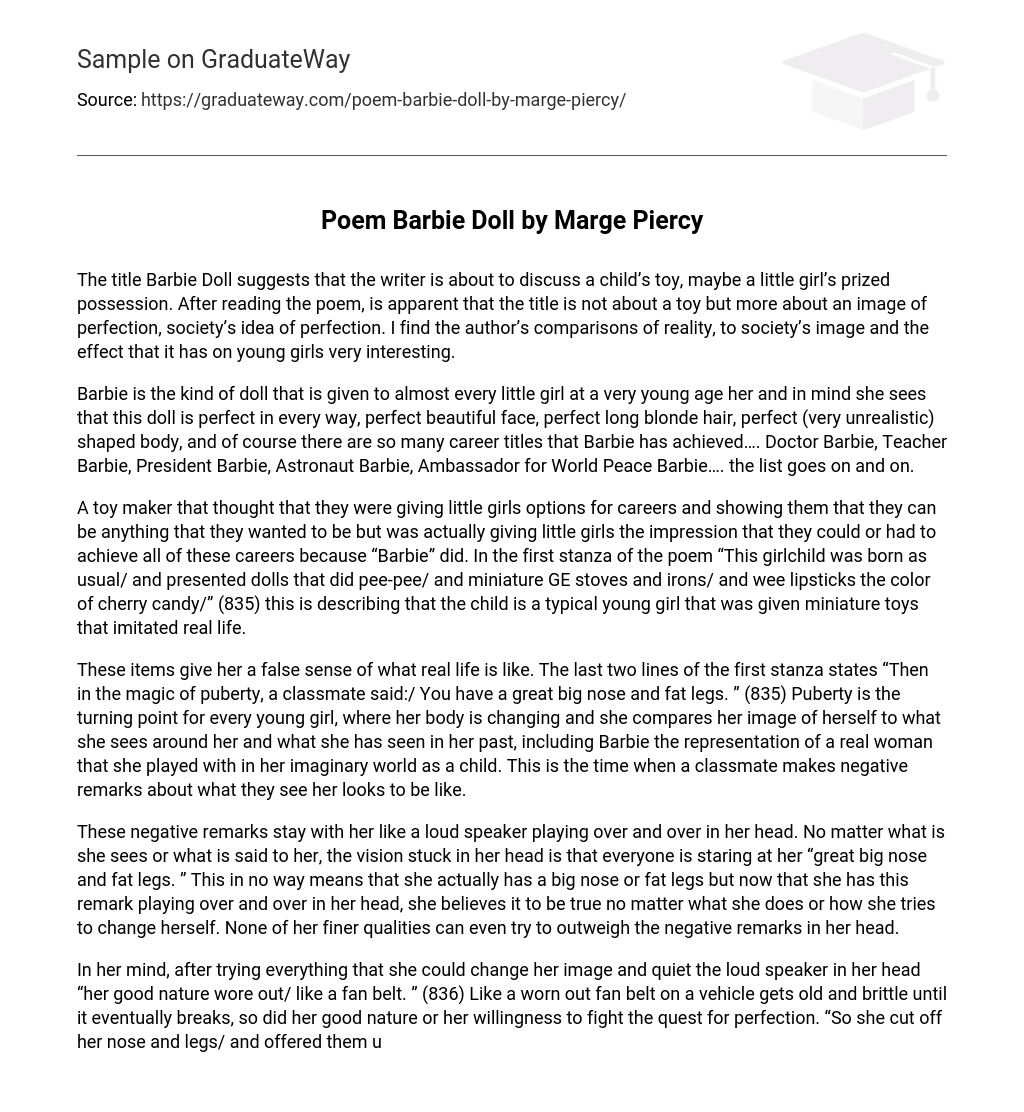  Poem Barbie Doll By Marge Piercy Essay Example GraduateWay