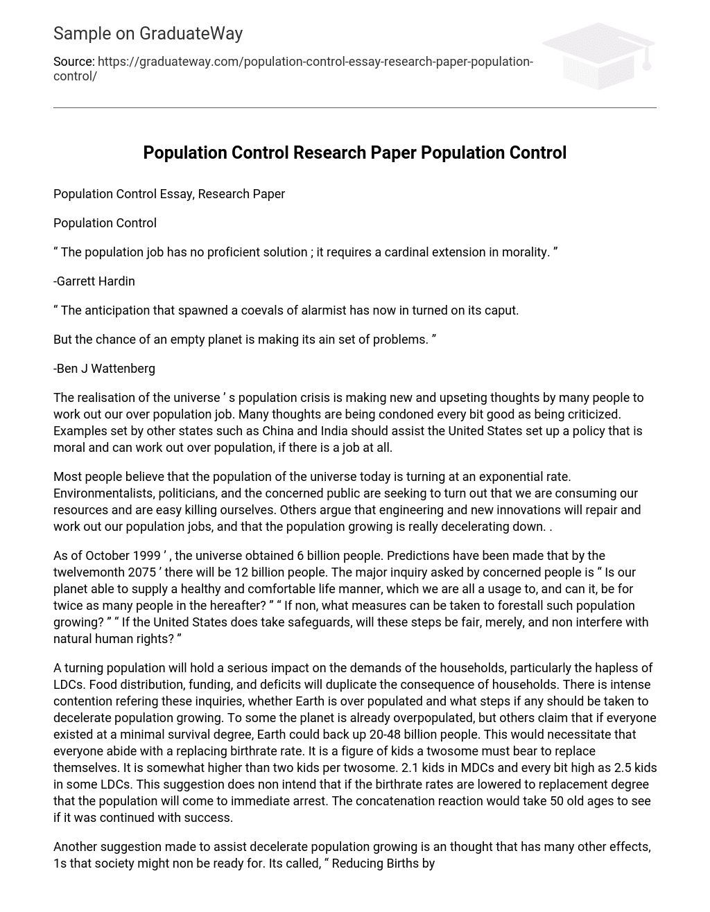 Population Control Research Paper Population Control
