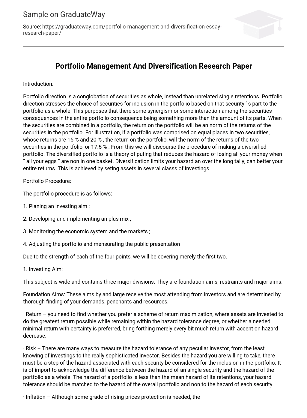 Portfolio Management And Diversification Research Paper
