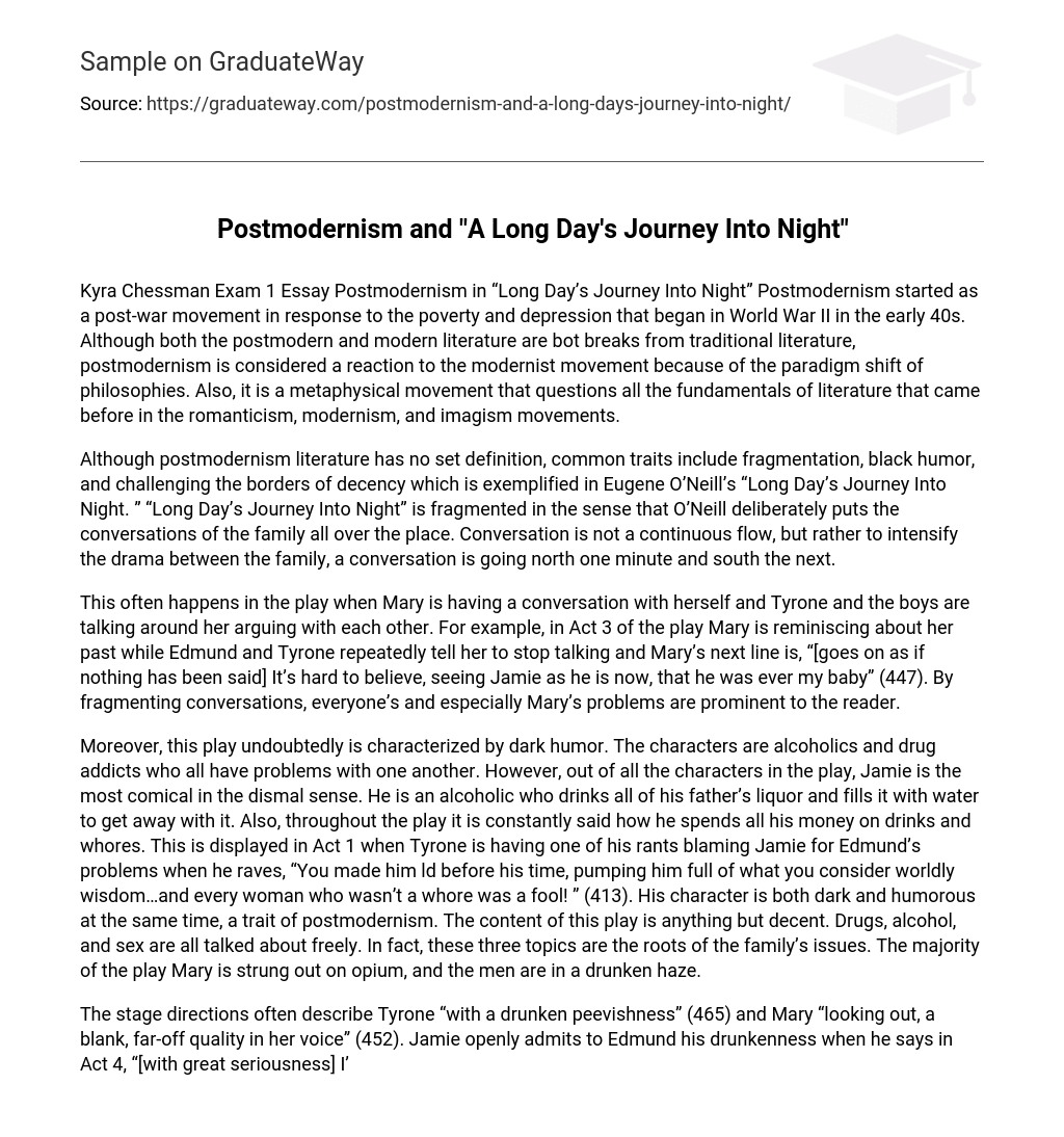 Postmodernism and “A Long Day’s Journey Into Night” Analysis