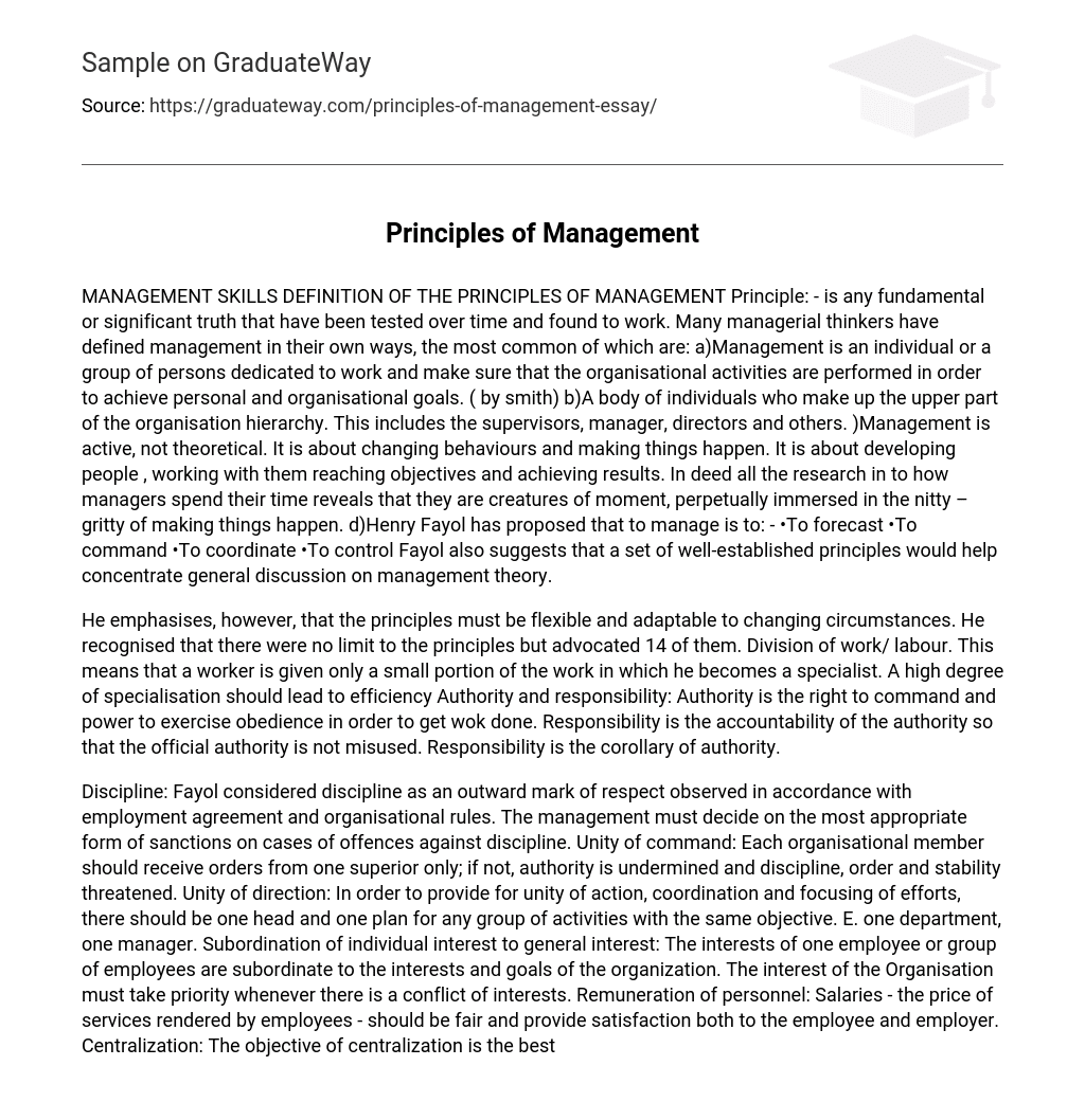 Management Skills Definition of the Principles of Management
