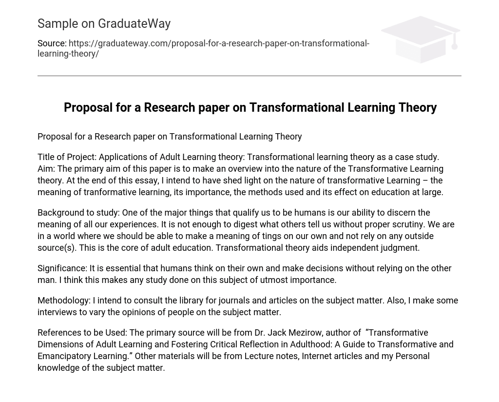 Proposal for a Research paper on Transformational Learning Theory