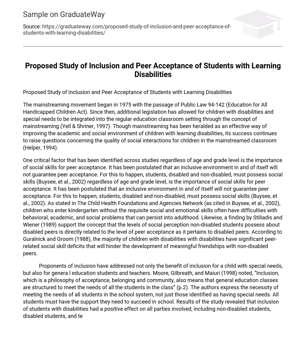 Proposed Study of Inclusion and Peer Acceptance of Students with Learning Disabilities